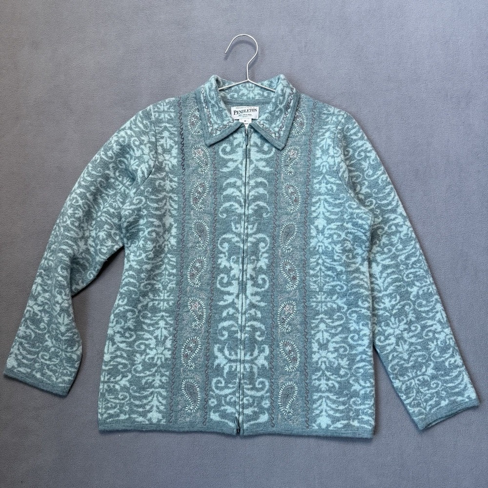 Pendleton Cardigan Womens Medium Petite Teal Full Zip Virgin Merino Wool Paisley